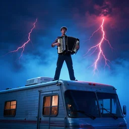 dwight schrute standing on top an rv playing the accordion, dramatic scene, blue volumetric fog lighting, dystopian, red lightning, ultra wide angle, movie still, photorealistic, stranger things, netflix, upside - down