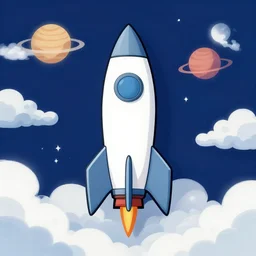 a frontal drawing of a rocket centered with a dark blue background and clouds and planets by murakami, beeple and james jean, aya takano color style, trippy, 4 k, super detailed, night sky, digital art, digital painting, clean