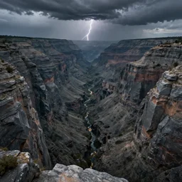 bird's eye view down a massive canyon of grey stone, during a thunderstorm, highly detailed, fantasy artwork