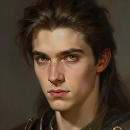 closeup fantasy portrait of a clean shaven determined young man with swept back dark brown hair and green eyes, preparing for battle, fantasy, intricate, elegant, highly detailed, digital painting, artstation, concept art, smooth, sharp focus, illustration, art by artgerm and greg rutkowski and alphonse mucha