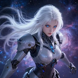 photo of a android girl on a mothership, warframe armor, beautiful face, scifi, nebula, masterpiece, universe, raytracing, dreamy, focused, sparks of light, xianxia, long white hair, blue eyes, unique, 8 k high definition, insanely detailed, intricate, innocent, art by akihiko yoshida, akihito tsukushi