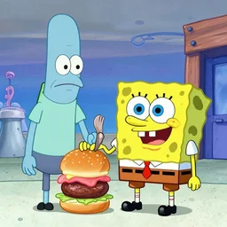 with patrick's help, mr. plankton and morty finally steal the secret of krabby patty burger in city, fantasy cartoon high resolution trending spongr bob style