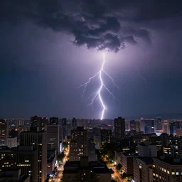 a realistic photo of a city at night with a thunderstorm and several lightnings in the sky, highly detailed, ultra realistic, nightmare, 8 k