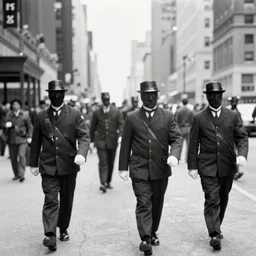 old black and white photo, 1 9 1 3, depicting masked watchmen walking through the bustling streets of new york city, historical record