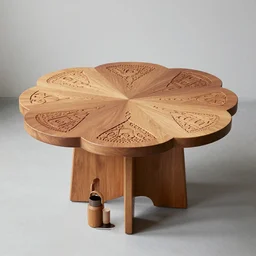norwegian design furniture of a wood table in flower shape carved cars shapes intricate
