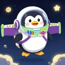 cute astronaut penguin with helmet on, floating on space, in the style of the new buzz lightyear movie