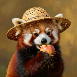 Red panda wearing a straw hat while eating an apple portrait, atmospheric lighting, painted, golden ratio, golden hour, intricate, highly detailed by Rembrandt