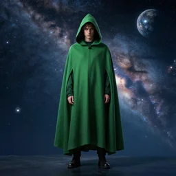 man in green cloak around the space