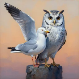 painting of hybrid between seagull!!!! & owl, intercrossed animal, by zdzislaw beksinski, by tiffany bozic, cold hue's, warm tone gradient background, concept art, beautiful composition, digital painting