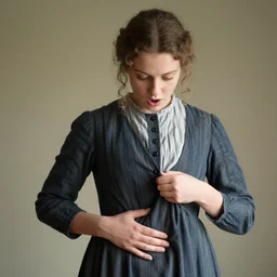 portrait of a young woman in old fashioned clothes, looking down at her clothes with a surprised expression, one of her hands is on her stomach, the other hand is tugging her clothes, Zeiss 150mm f2.8 Hasselblad, award-winning photo
