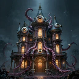 A towering organic Victorian House made of eyeballs and tentacles, Lovecraftian, 4k, masterpiece, cinematic, glowing, by Greg Rutkowski, Trending on Artstation, Behance. Polished, Volumetric Lighting