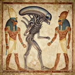 ancient egyptian art of [ xenomorph ] [ giger ] [ alien ] from alien movie, as [ egyptian ] [ mural ]