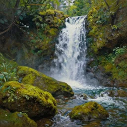 a waterfall in a forest full of mossy stones, oil painting, van gogh, outstandingly beautiful