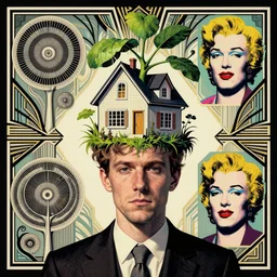 A man with a house growing out of the top of the head, art deco design, by Mandy Jurgens and Warhol, Ernst Haeckel, James Jean, artstation, concept art