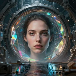 detailed face of a woman, large hadron collider, dimensional portal, wet reflections, prism, atmospheric, ambient, pj crook, syd mead, livia prima, artgerm, greg rutkowski, nick alm, casey baugh