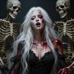 extremely beautiful panting of goddess of the realm of the dead, extremely detailed face, pierced face, half woman half skeleton, covered with blood, surrounded by skeletons, extremely high detailed face, long white hair, torn black dress!, true anatomy, artstation, unreal engine 5, octane rendered, by ilya kuvshinov, greg rutkowski and makoto shinkai, trending on artstation