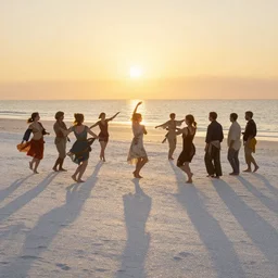 dancing people on a sparkly beautiful white pearl beach at sundown, golden hour, long shadows,Ivan Aivazovsky, Christopher Balaskas, Noah Bradley, Albert Bierstadt, Jim Burns, Edwin Church, Frederic Thomas Cole, Brown Durand, Asher David Friedrich, Caspar James Gurney, Johnson Heade, Martin Raphael Lacoste, Ted Nasmith, Andreas Rocha, Christophe Vacher
