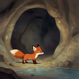 a tiny brown fox exploring a large cave, water, by Aaron Miller, Disney style,