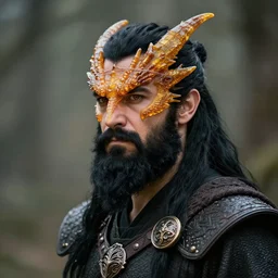 portrait of an amber dragonborn with black beard, black ponytail and black sideburns