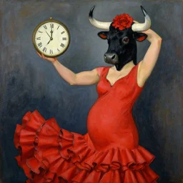highly detailed painting of pregnant flamenco dancer with a black bull head wearing red flower dress and holding a clock by tamara de lempicka