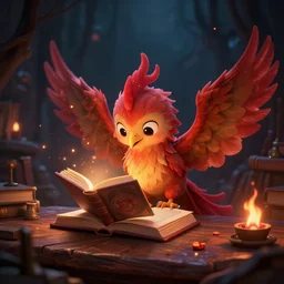 A cute adorable fledgling phoenix frets as it studies the magic booklet. Small embers fall softly from its wings and singe the hard oak table. A darkness surrounds, and the murky depths of library hide an ominous threat. The glow from the flames illuminates | Render | raytracing | digital art