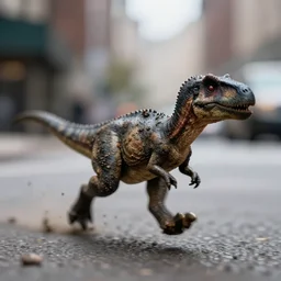 macro photo by national geographic of a tiny muddy dinosaur running in a new york street, fast shutter speed, motion blur, tiny gaussian blur, insanely detailed, insanely intricate, depth of field, low contrast, wide aperture, action photography