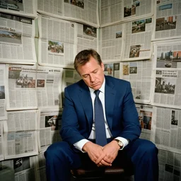 dslr photo still of alex jones in a blue suit sitting depressed in a room filled to the ceiling with newspapers, 5 2 mm f 5. 6