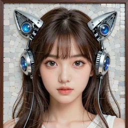 mosaic of a beautiful cute young woman with robot ears and eyes, 4k, intricate details