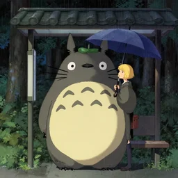 A female Retzling with short blond air, standing with big Totoro at a japanese bus stop, holding an umbrella, in the dark forest, rainy night, Ukiyo-e, Katsushika Hokusai,