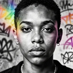 detailed closeup portrait of jewel thomas shelby, in the style of rob lefield and dan mumford, epic gradient, by atey ghailan, by greg rutkowski, by greg tocchini, by james gilleard, by joe fenton, by kaethe butcher, gradient neon rainbow, black and white color scheme, grunge aesthetic, graffiti tag