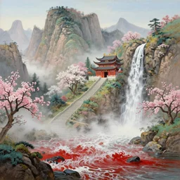 a gorgeous early spring landscape painting by barlowe wayne maxfield parrish and marco mazzoni!! chinese temple. winding steps. waterfall from the mountain. ultra clear detailed. 3 d, octane render. turbulent blood lake. fog