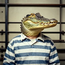 crocodile headed man wearing striped prison clothing, colorized old jail mugshot