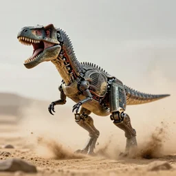action photography, long shot, award winning macro photo of an ultra detailed intricate robotic dinosaur exploding from the sand, fast shutter speed, motion blur, tiny gaussian blur, highly detailed, highly intricate, depth of field, national geographic