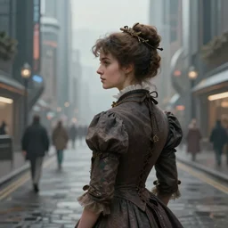 portrait of a victorian lady in a futuristic city, from behind, streets, beautiful, cinematic, highly detailed, digital painting
