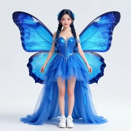 a full body portrait of a butterfly princess wearing electric - blue dress, joyfully wearing butterfly braid, fairy bride, wearing white tennis, fairy goddess, symmetrical face, highly detailed clothing, octane render, unreal engine, trending on artstation.