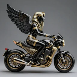 fine art statue of black egyptian god on a surrealist motorbike, ebony art deco, carved black marble, inlaid with ebony and gold accents, ebony rococo, wings black lace wear, sculpted by spider zero, zaha hadid, trending on artstation, beautifully lit, hyper detailed, intricate, elite, ornate, elegant, luxury, photorealistic, octane render, micro details, 3 d sculpture, structure, ray trace