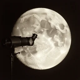 the moon seen through a telescope with a wire hanging out of it, 8 k, realistic, real photo, vintage, sepia