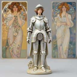 fantasy female knight figurine in a light armor, soft transitions, mixed media, in the art style of alphonse mucha and claude monet and gustav klimt
