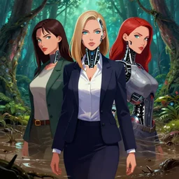 mix of beautiful female cyborg terminator as a business woman, perfect faces, magical forest, muddy swamp, very coherent and colorful high contrast art, artstation, deviantart, digital art