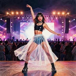 dancer at edm concert in translucent skirt, dramatic cinematic lighting, behance, artstation, colored pencil drawing