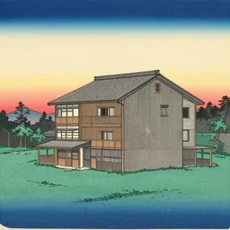 a building in a stunning landscape japanese woodblock print by Hasui Kawase