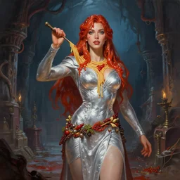 A proud spaghetti-woman sauce-mage protagonist with silver boiling clothing and a belt of spices is exploring the grimdark dungeon depths. trending on Pixiv. trending on ArtStation. A vibrant digital oil painting. A highly detailed fantasy character illustration by Wayne Reynolds and Kev Walker and Gustave Dore and Carl Critchlow and Bram Sels