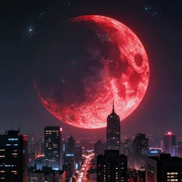 blood red cresent moon, cyberpunk, galaxy, city, landscape