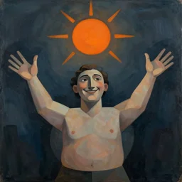 abstract, and somewhat cubist. the central image is of a round, happy looking man, his hands spread wide. he smiles up towards an orange sun. the background is a dark, murky, blueish color. the effect is somewhat disturbing.