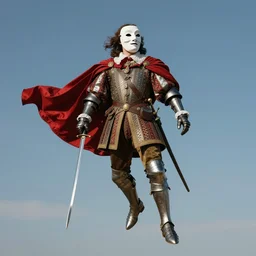 man wearing theater comedy mask floating in the sky , he is wearing a doublet and elizabethan trousers, he is wearing a red billowing capelet draped over his shoulder, he has armored gloves and armored boots, he carries a shortsword in his left hand, by paul pope
