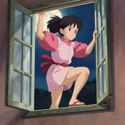 A ninja girl in a short peasant kimono, carefully climbing through open window, smooth shading, highly detailed, strong moonlight, digital anime art by Hayao Miyazaki