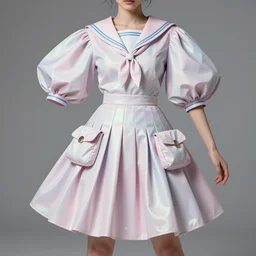 designer figure collection haute couture, sailor uniform, midi skirt, coated pleats, synthetic curves striking pose, ball shaped accordion sleeve, dynamic folds, cute huge pockets hardware, volume flutter, youthful, modeled by modern designer bust, smart textiles, body fit, cotton candy holographic tones, expert composition high detail, professional retouch, editorial photography
