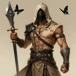masked male assassin holding a starnife by wlop, wuxia, xianxia, weathered skin, athletic, desert robe, leather armor, starknife from pathfinder, oversized shuriken, desna, black butterfly, detailed, realistic, anatomically accurate, fantasy illustration, artstation, wlop.