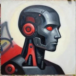 Pointillisme potrait of a cyborg with black and red robotic parts, medium shot, asymmetrical, profile picture, Organic Painting, sunny day, Matte Painting, bold shapes, hard edges, street art, trending on artstation, by Huang Guangjian and Gil Elvgren and Sachin Teng