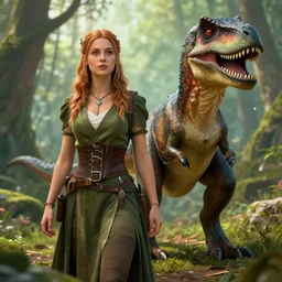female druid and a velociraptor, cinematic, trending in deviantart